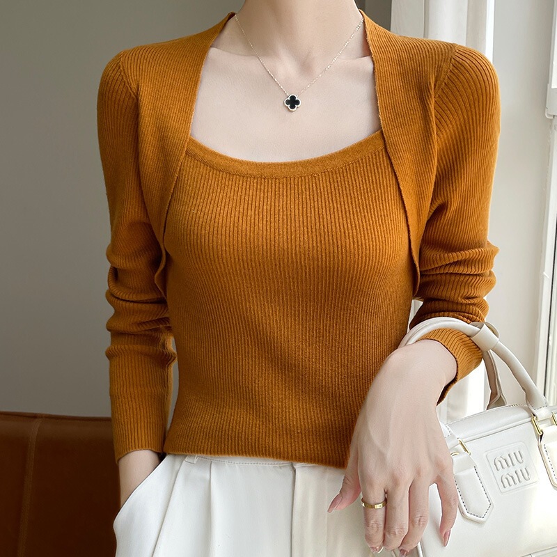 Stylish Round Neck Slim-Fit Fine Knit Wool Sweater for Women, Long Sleeve French Style Faux Two-Piece Solid Color Pullover Stylish Round Neck Slim-Fit Fine Knit Wool Sweater for Women, Long Sleeve French Style Faux Two-Piece Solid Color Pullover