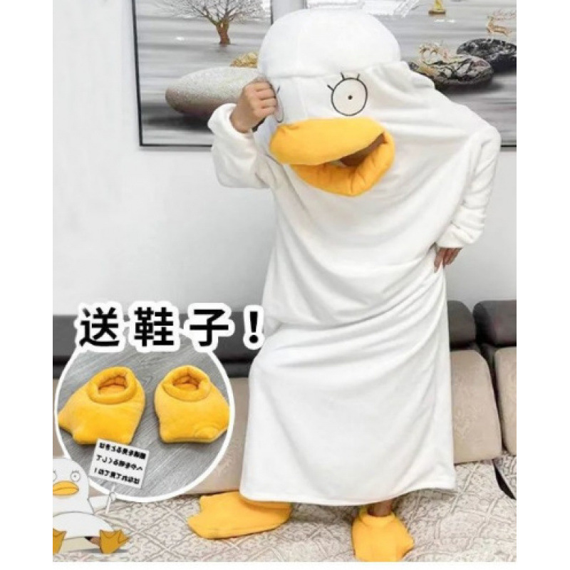 大白鸭连帽珊瑚绒睡袍加厚情侣睡衣居家服卡通图案保暖跨境爆品