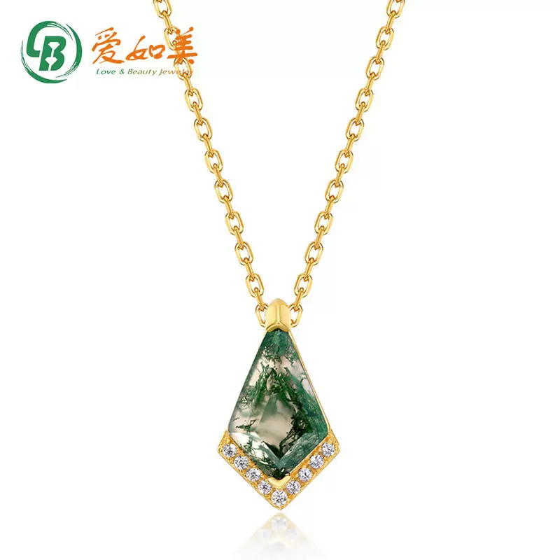 欧美新款简约几何天然水草玛瑙项链S925银镶嵌彩宝绿苔藓石锁骨链