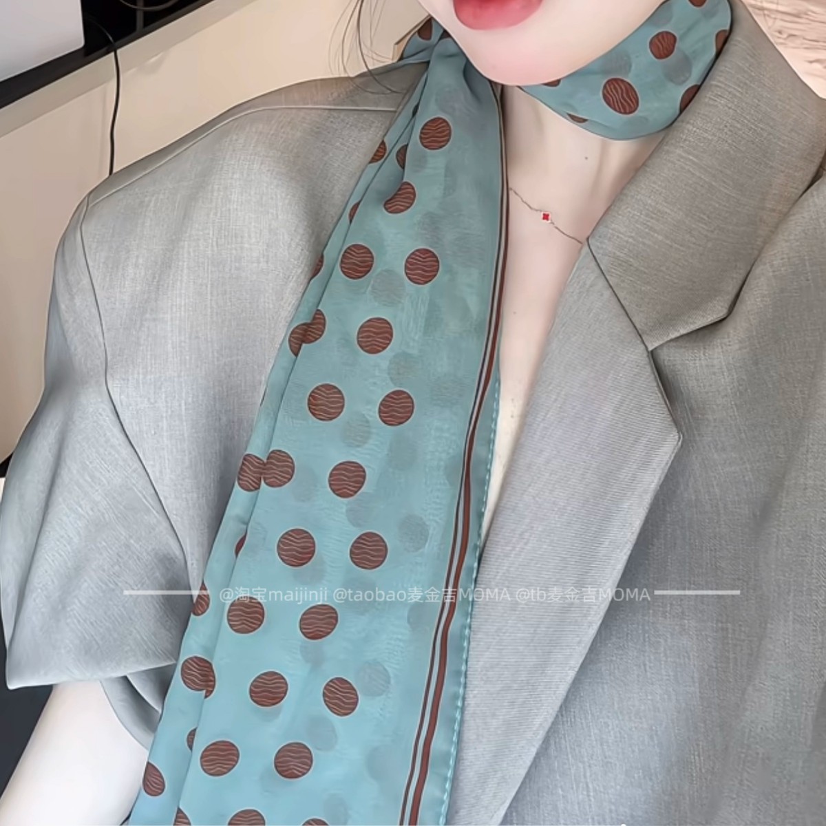 Polka Dot Rose Silk Crepe Scarf For Women - French Elegant Versatile Green Neck Scarf Bandana - Thumbnail 3