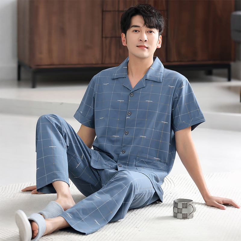 Pajamas for Men Summer Spring and Summer Thin Short-Sleeved Trousers Cool Pull-Up Cotton Pajamas Men's Cardigan Home Wear Set