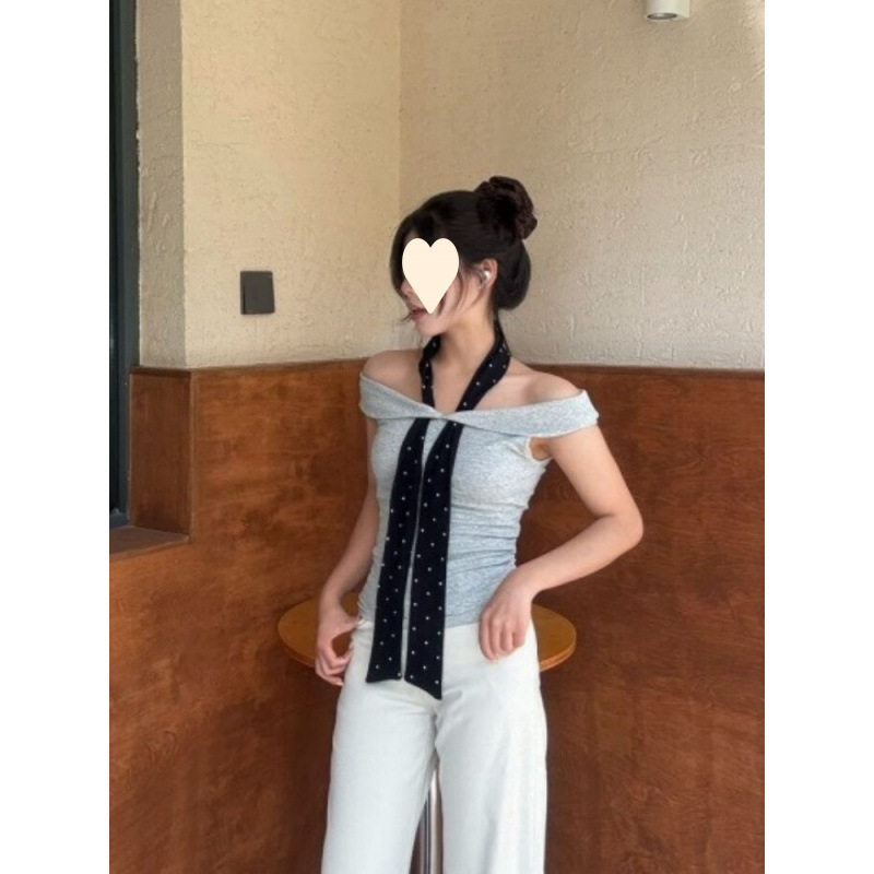【210G 40-Count Fine Cotton 1*1】 Sexy Off-Shoulder Hot Girl Pure Desire Halter Neck Tie Versatile New Style Top for Women