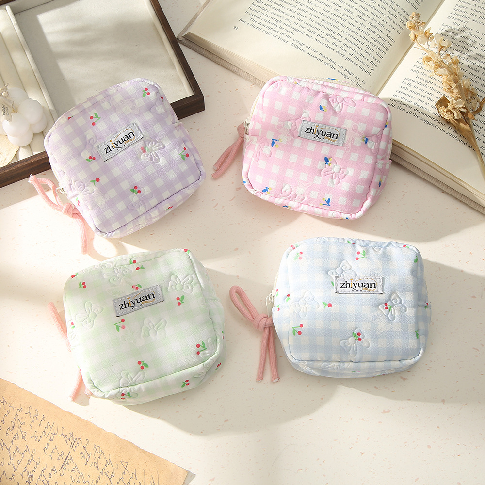 Korean Style Plaid Square Cosmetic Bag, Simple Lipstick Storage Bag for Students, Large Capacity Portable Coin Purse Wholesale