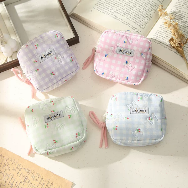 Korean Style Plaid Square Cosmetic Bag, Simple Lipstick Storage Bag for Students, Large Capacity Portable Coin Purse Wholesale