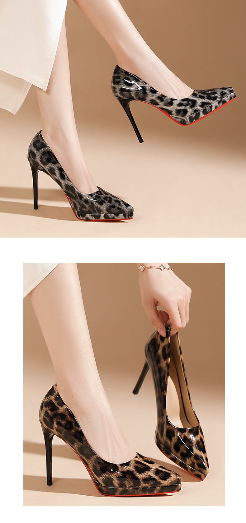Giày cao gót nữ mũi nhọn họa tiết da báo, đế xuồng platform, gót 8 cm — Da báo màu xám-8cm chi tiết 6