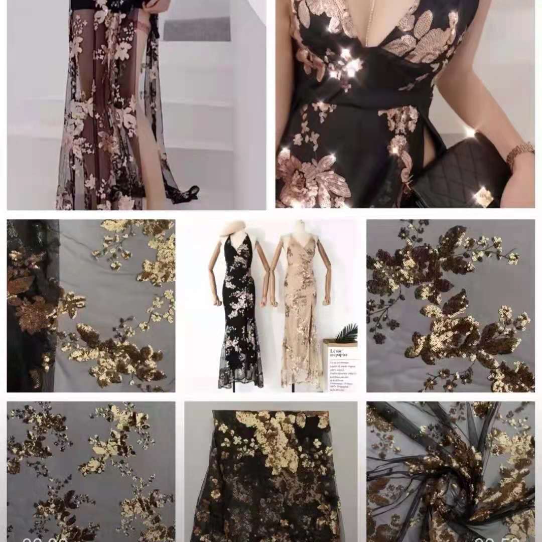 新品热卖~闪亮45A网纱大花位定位亮片绣 大气欧美风 礼服裙装面料