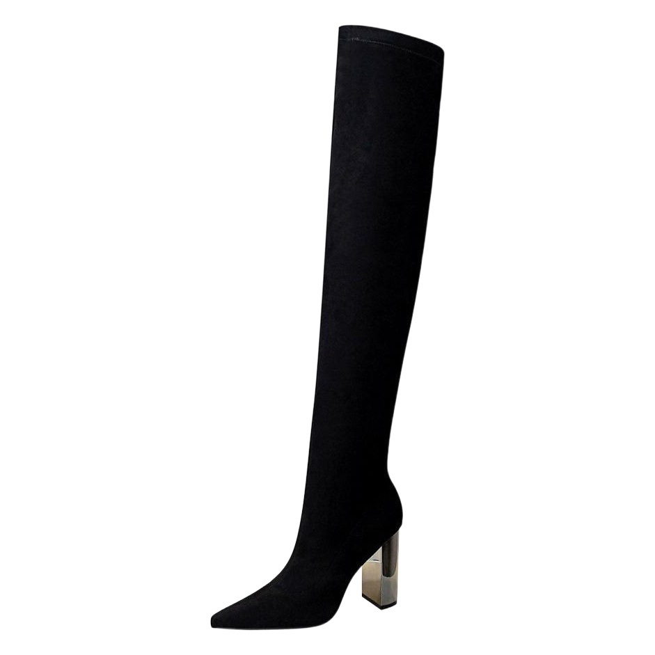 3128-6 moda europea y americana tacón de metal tacón grueso gamuza señaló sexy discoteca adelgazamiento pedicura sobre la rodilla botas