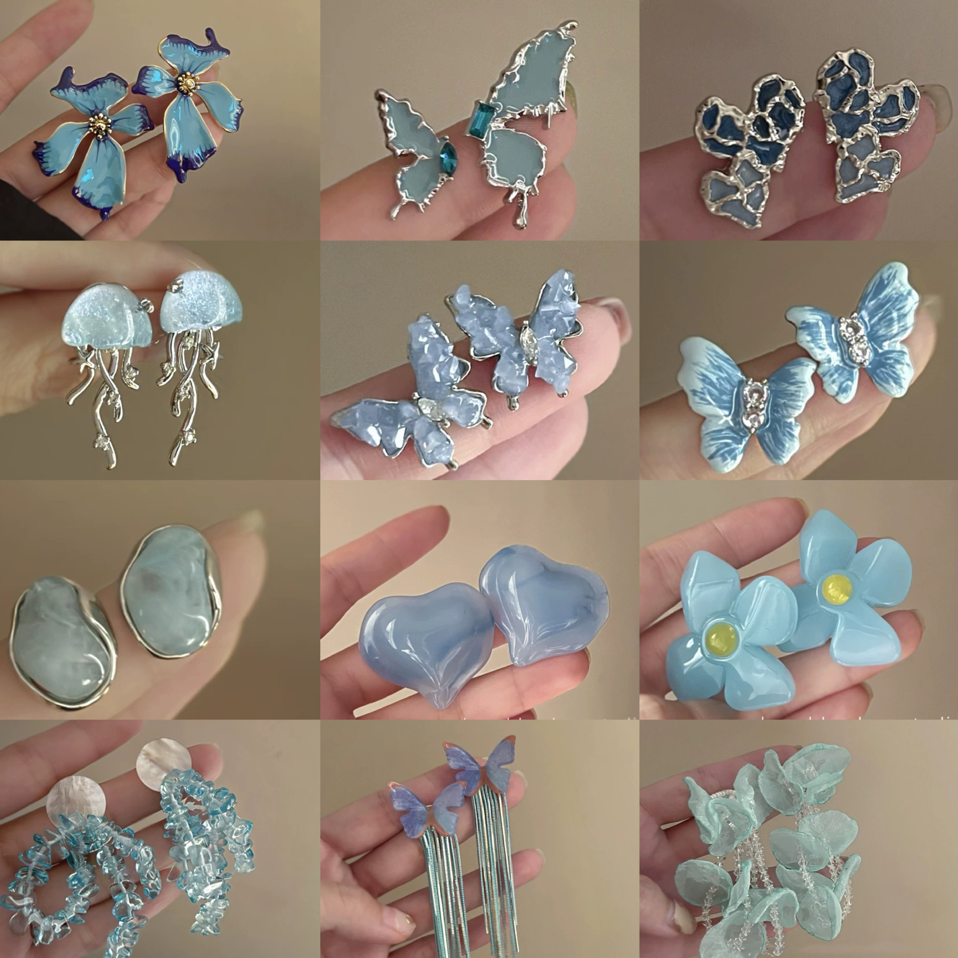 Aguja de plata, estilo de vacaciones azul, pendientes de lazo de flores suaves, pendientes de moda fresca, pendientes de ambiente dulce