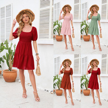 新款方领抽褶可爱迷你裙欧美跨境新款夏季毛球连衣裙