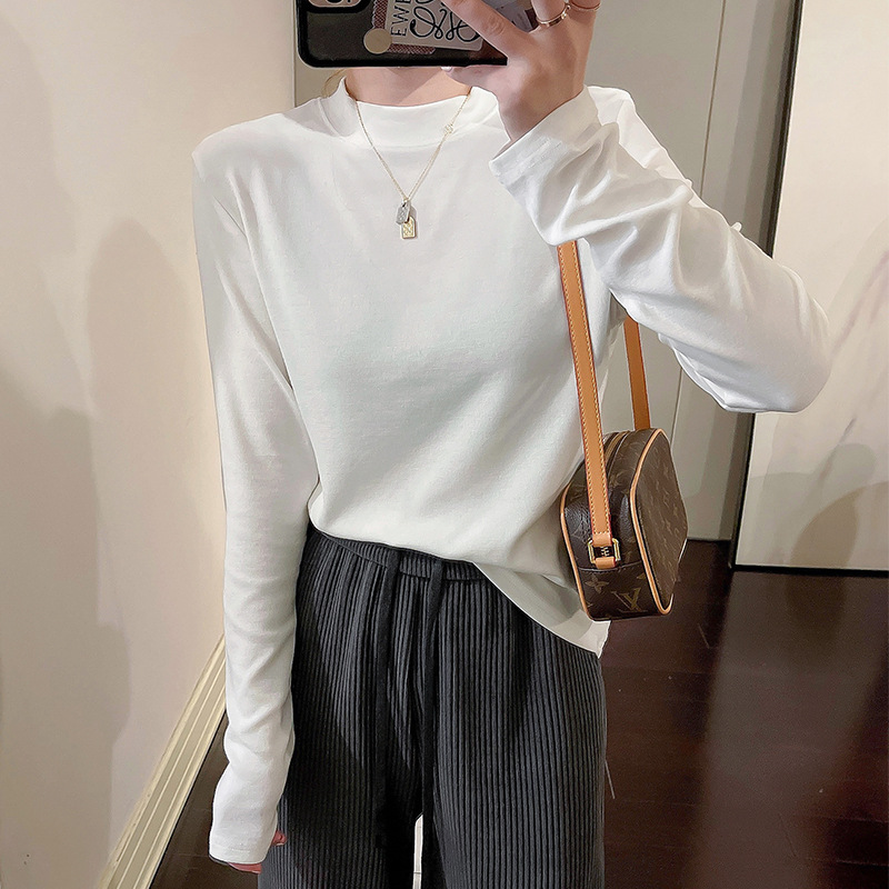 Stand Collar Long-Sleeved T-Shirt for Women 2025 Early Autumn New White Bottoming Shirt Pure Color Western Style Inner Slimming Look Bottoming Top