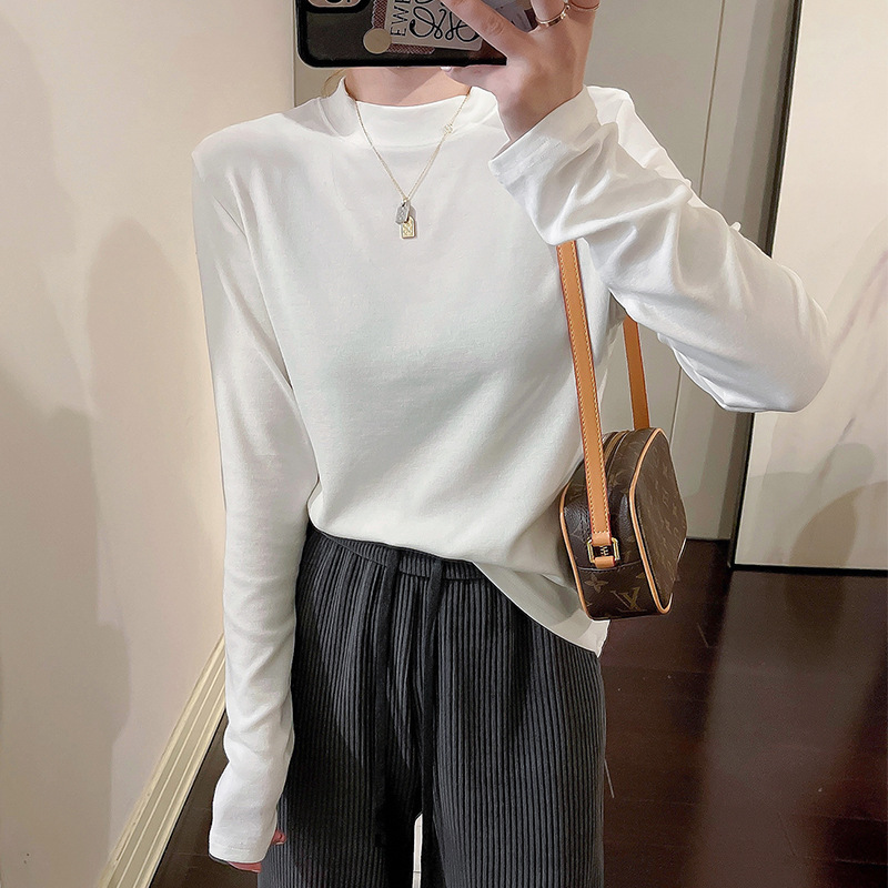 Stand Collar Long-Sleeved T-Shirt for Women 2025 Early Autumn New White Bottoming Shirt Pure Color Western Style Inner Slimming Look Bottoming Top Stand Collar Long-Sleeved T-Shirt for Women 2025 Early Autumn New White Bottoming Shirt Pure Color Western Style Inner Slimming Look Bottoming Top