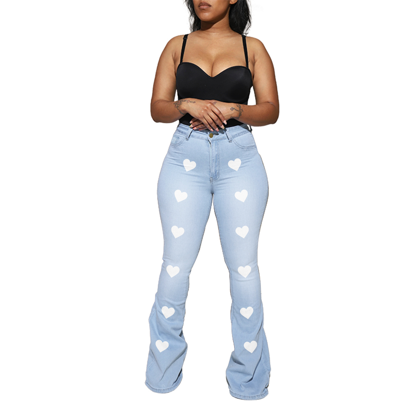 Plus Size High Waist Printed Slim Flared Jeans NSWL116079