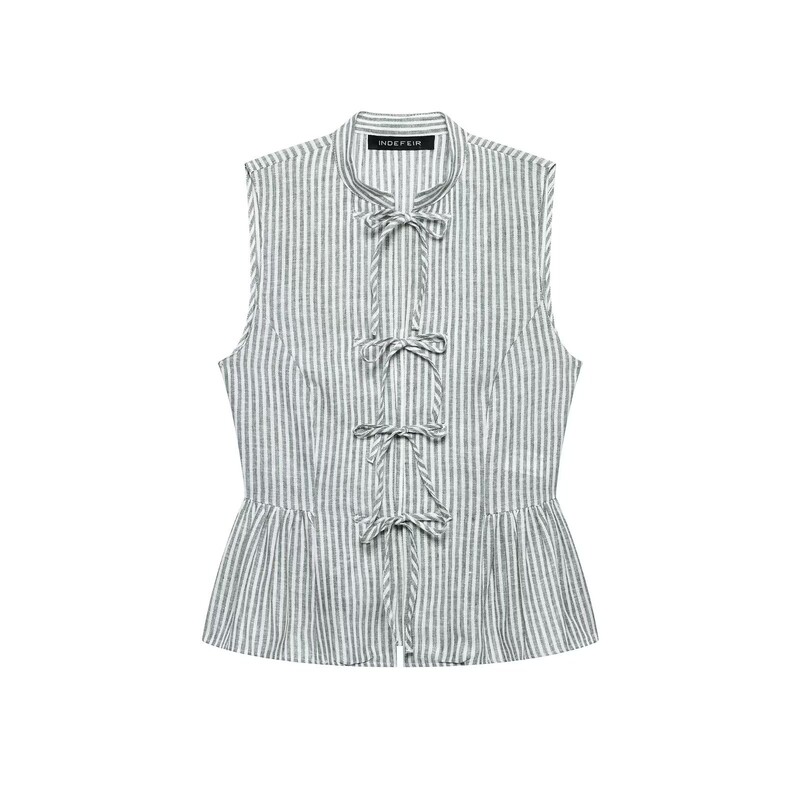 Cross-Border European and American Women's Clothing Za Aliexpress Hot-Selling Summer Versatile Fashion Bow-Decorated Metallic Striped Shirt Cross-Border European and American Women's Clothing Za Aliexpress Hot-Selling Summer Versatile Fashion Bow-Decorated Metallic Striped Shirt
