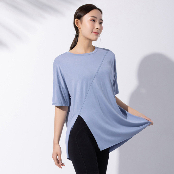 新しいモーダルヨガウェア半袖ルーズスリムロングスポーツTシャツ通気性ランニングフィットネスウェア女性のトップス|undefined