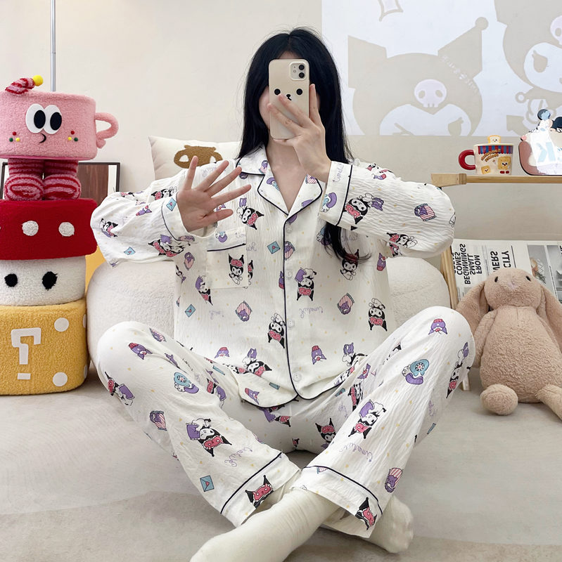 Pijamas de algodón nubes al por mayor transfronterizos de otoño de dibujos animados lindos pantalones de manga larga de dibujos animados cardigan con solapa set de ropa para el hogar