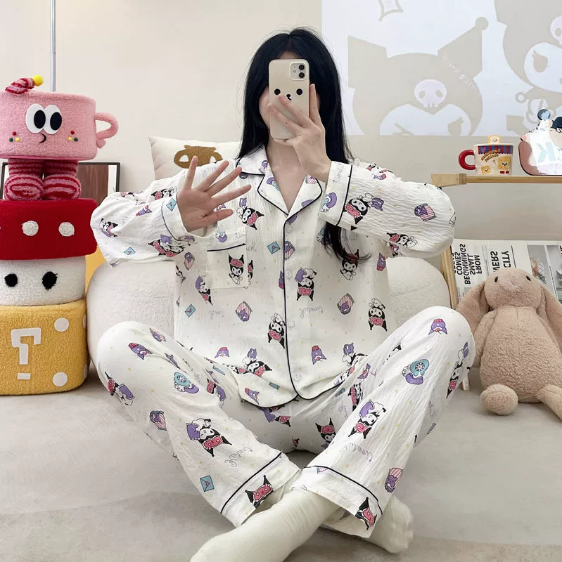 Autumn Cartoon Pajama Set — Long-Sleeve Top, Trousers & Cardigan, Sizes M–XXL, Multi-Color