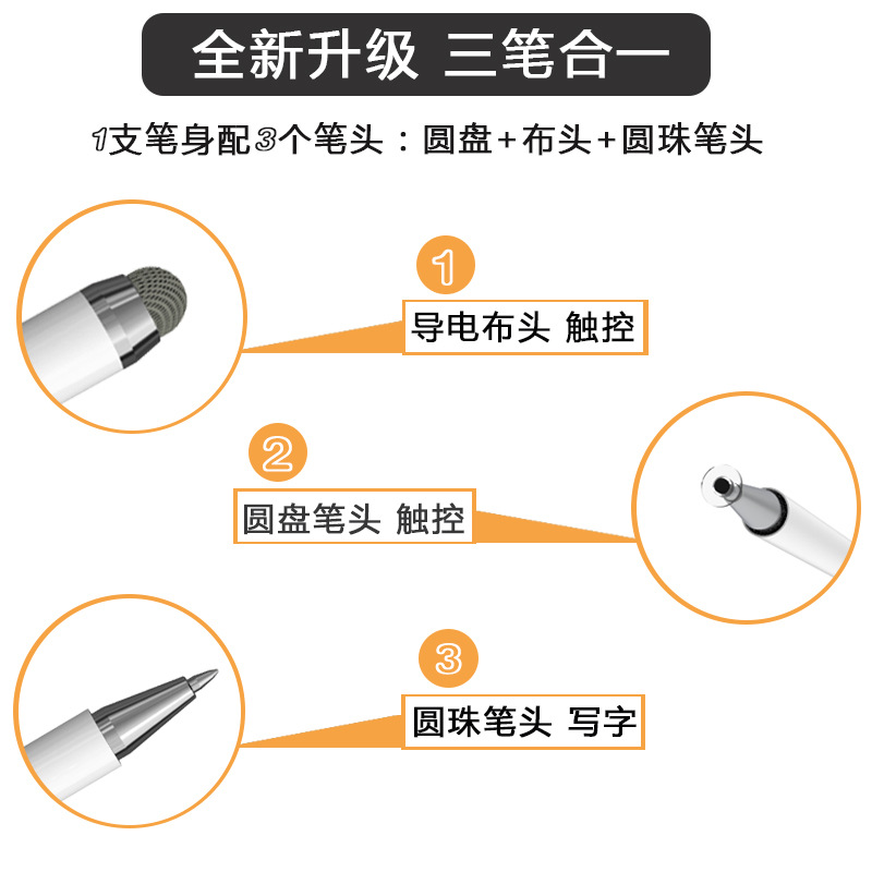 布頭圓盤中性筆頭三合一觸控筆電容筆手機平板觸屏適用於安卓蘋果