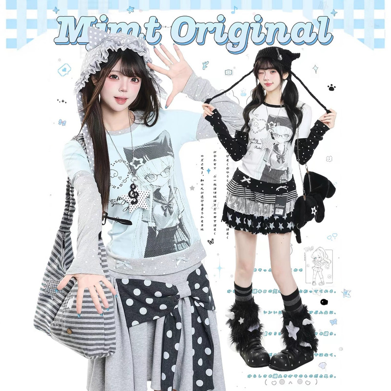 Japanese-style anime girl polka dot patchwork long-sleeve T-shirt for women, autumn slim-fit round-neck base layer top Japanese-style anime girl polka dot patchwork long-sleeve T-shirt for women, autumn slim-fit round-neck base layer top