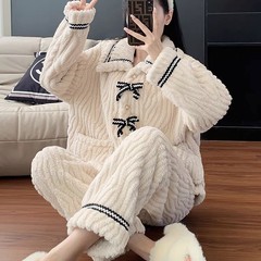 冬季珊瑚绒公主风开衫蝴蝶结睡衣女家居服加厚甜美长袖两件套装女
