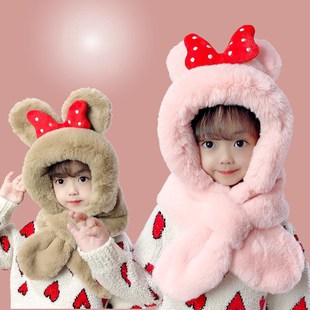 Baby autumn and winter children's hat scarf one-piece plus velvet padded Girls cute boys pullover children's one-piece hat