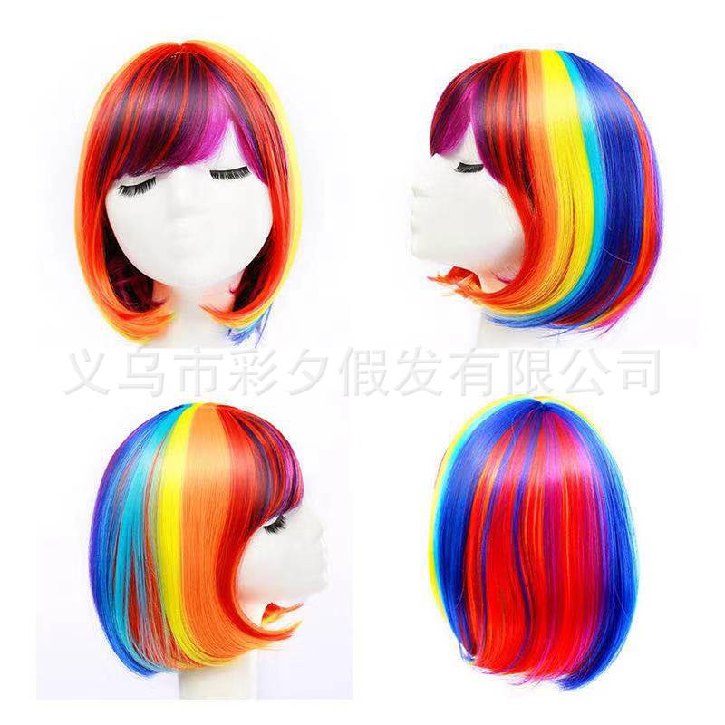 Peluca de Halloween mujer verano Arco Iris anime peluca onda colorida Pelo Corto pelo de Estudiante no convencional