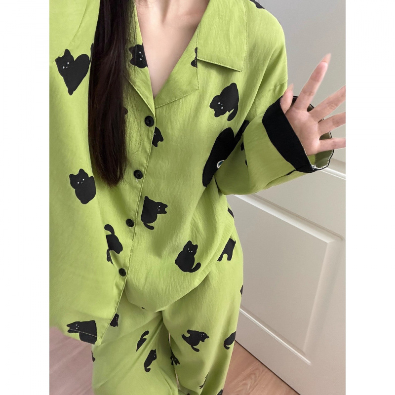 撞色小猫咪睡衣女春秋季云朵棉长袖长袖开衫家居服套装小红书批发|undefined