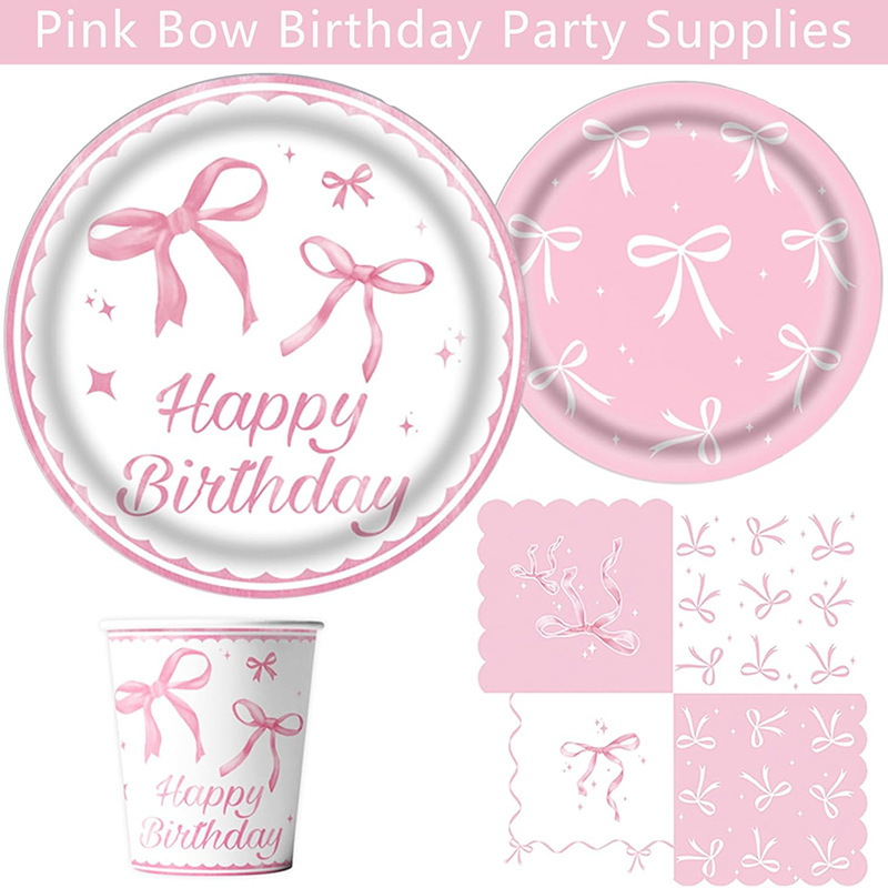 粉色蝴蝶结生日布置一次性纸盘纸杯桌布拉旗横幅气球女孩庆生餐具