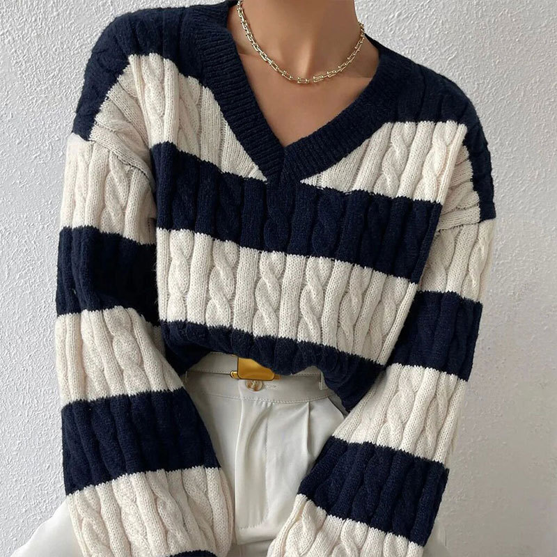 Women's Clothing autumn and winter sweater all match pullover V neck long sleeved twisted striped contrast color knitted sweater_voghion.com