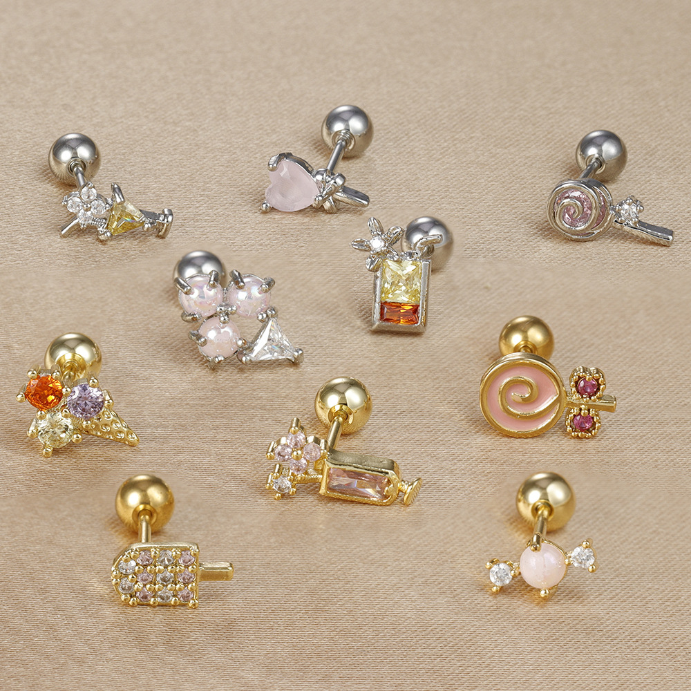 6g Weight straight barbell Piercing needle type spike Piercing ball type 18K Gold Plated Plating Material Zircon Inlay Material Ear Studs Classification Ear Cartilage Rings & Studs Piercing Type 1 Piece Quantity Daily, Street Occasion 304 Stainless Steel Material Ice Cream, Heart Shape, Candy Pattern Women's Gender Inlay Design IG Style Style 1 Piece Ear Cartilage Rings & Studs IG Style Ice Cream Heart Shape Candy 304 Stainless Steel Zircon 18K Gold Plated 4