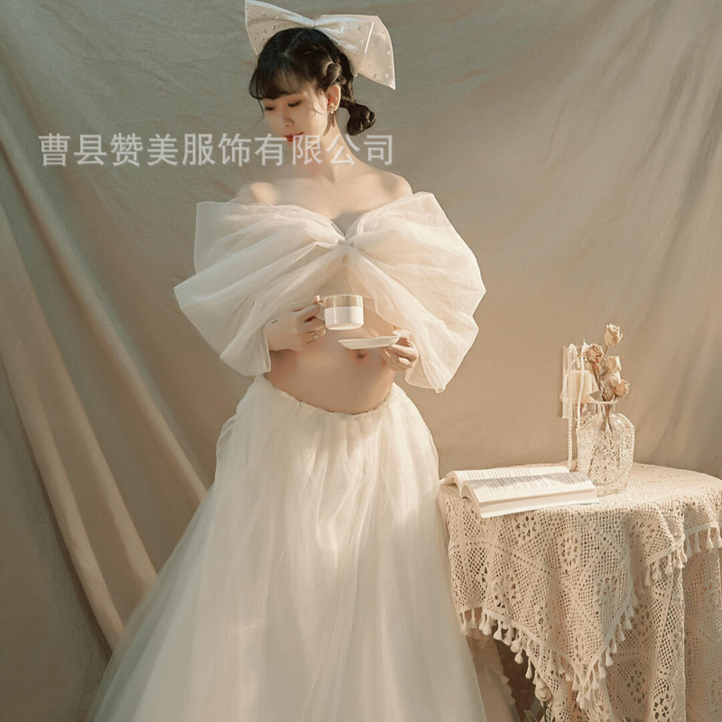 Exhibition new studio maternity clothing photo clothing cute beautiful bow white gauze pregnant women Photo Clothing Exhibition new studio maternity clothing photo clothing cute beautiful bow white gauze pregnant women Photo Clothing