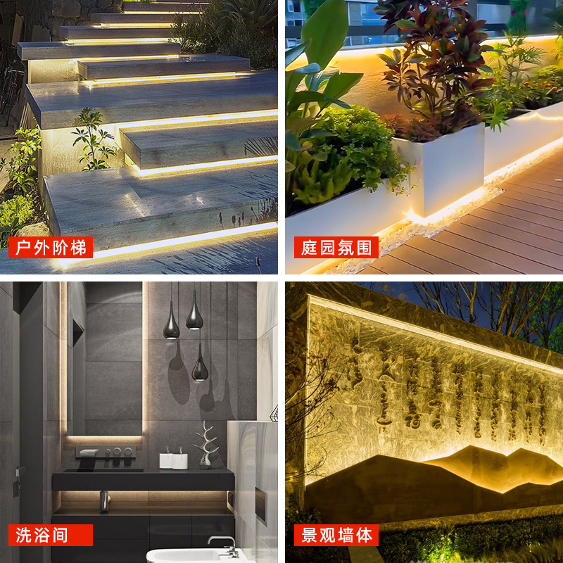 LEDフレキシブル防水屋外ライトストリップ、ソフトチューブ、12V/24V低電圧、自己粘着埋め込み型、高輝度|undefined