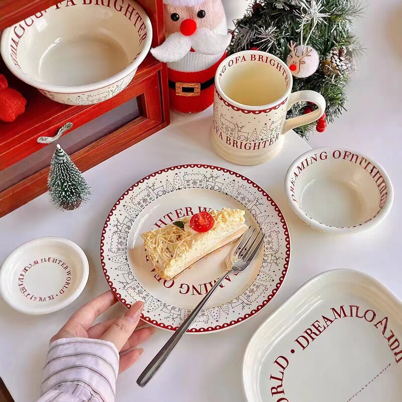 South Korea Ins Style Vintage suit Christmas Series High-grade Household Ceramic Plate Western Food Plate Mug Salah Bowl