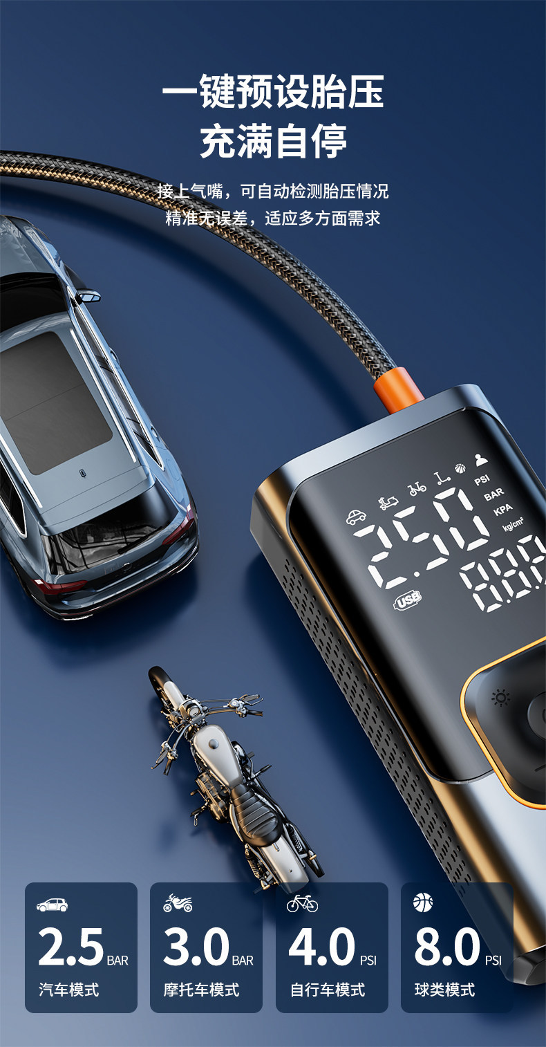 Car Air Pump, Car Tire Pump with Tire Pressure Measurement, New Model Air Pump, Electric Bicycle Pump, Portable