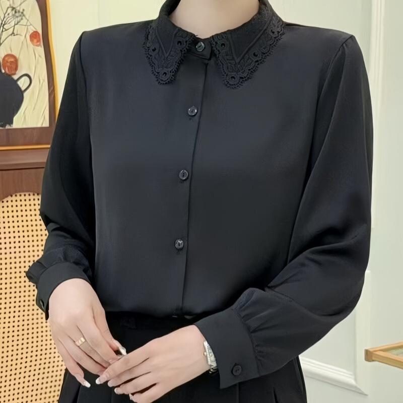 Spliced ​​Lace Lapel Satin White Shirt Ol Professional Interview Design Shirt Top This Year's Popular Shirt for Women