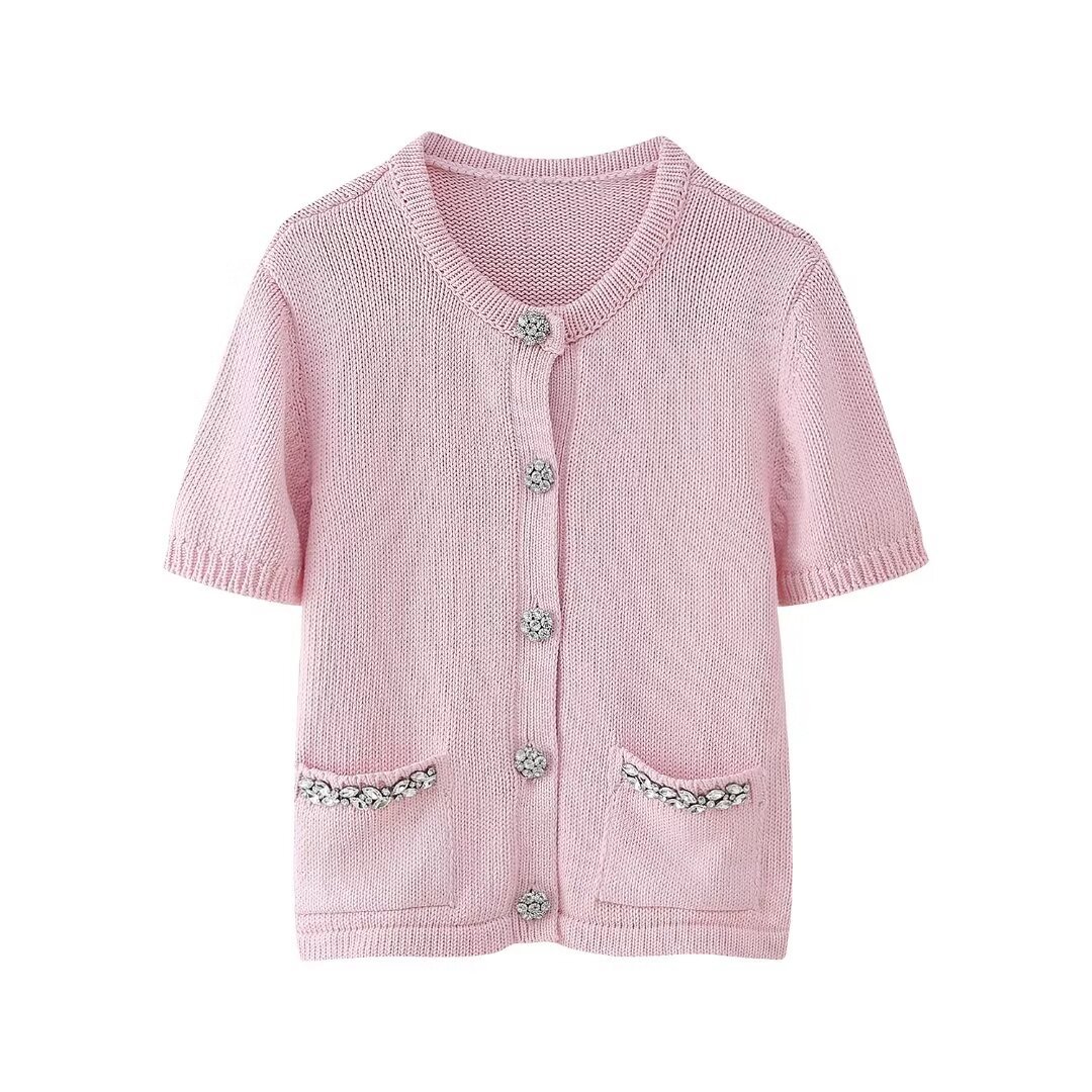 2024夏wish亚马逊eBay粉色短袖带水钻平纹针织开衫毛衣
