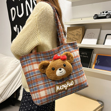 日系可爱卡通狗狗小熊包包女韩版少女学生复古格子单肩包手提袋萌