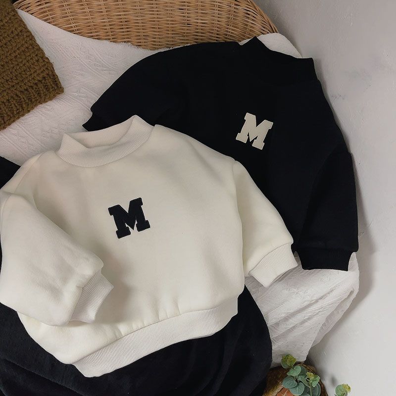 Infant and Toddler Korean Version Fleece Lined Thick Hooded Crew Neck Base Shirt Baby Top Loose Children Outwear 0208A011