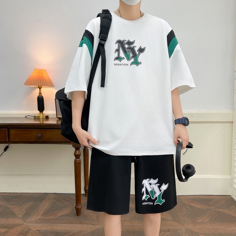 Juvenile set de pantalones cortos de mangas cortas para hombres nueva moda impresión suelta patrón de ropa deportiva casual camiseta de dos piezas set