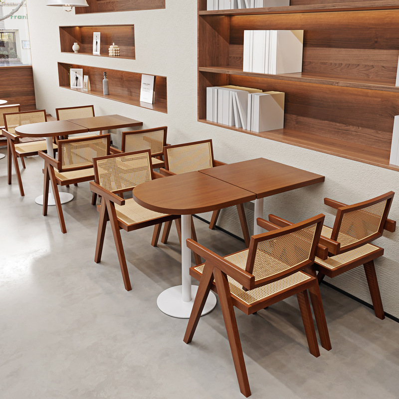 Cafe Table and Chair Set, Small Round Table, Western Restaurant Solid Wood Commercial Furniture, Milk Tea and Dessert Shop Rattan Dining Chairs