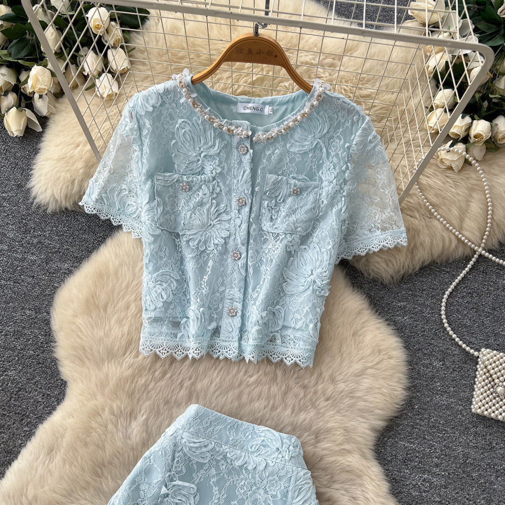 French Style Lace Patchwork Top And Skirt Set for Women Sexy Slimming Temperament Two-Piece Summer Outfit_ecoleips.com