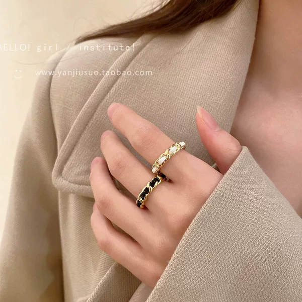 Cold Style Black Leather Chain Open Ring Women's Light Luxury High-end Niche Design Distinctive Index Finger Ring