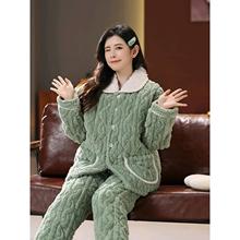 定制睡衣女冬季加厚加绒法兰绒夹棉中老年人妈妈款外穿保暖家居服