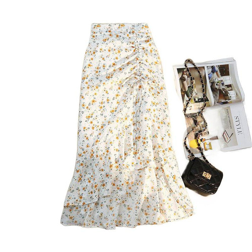 2025 fresh floral chiffon skirt for women autumn and summer new style design niche mid-length dress irregular fishtail skirt