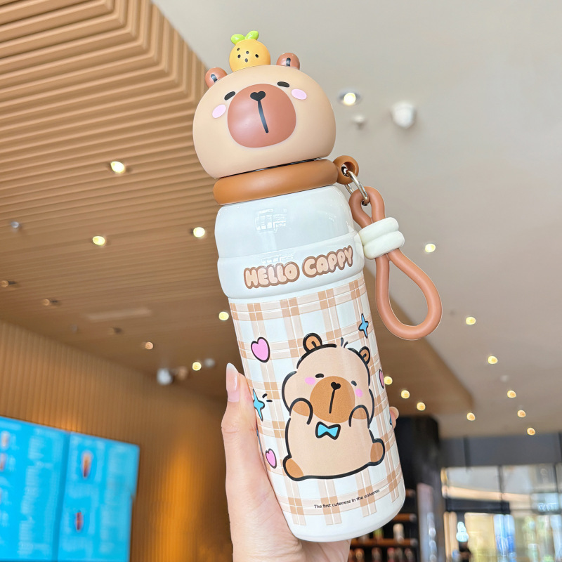 かわいい Kapibara 子供用ポットとカップセット学生魔法瓶カップ調節可能なカップロープポータブルシリコンノズル飲料カップ|undefined