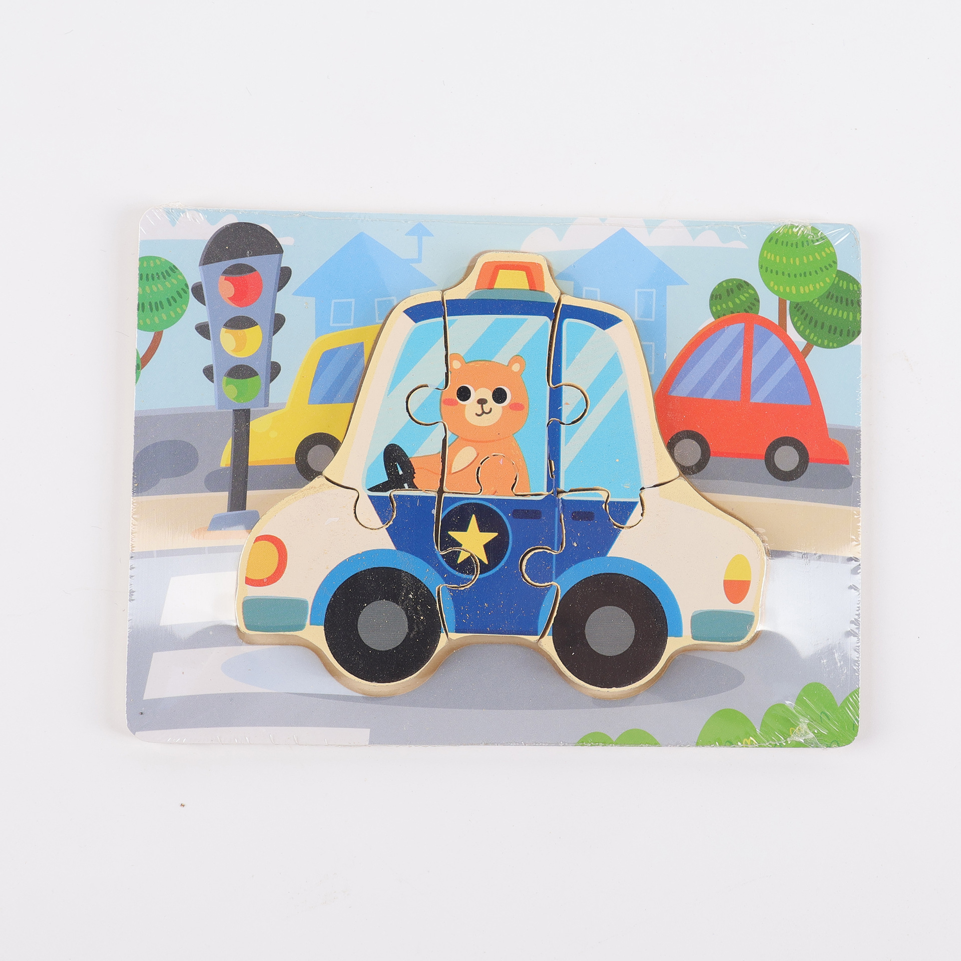 Puzzle de madera plano pequeño puzzle infantil juguetes de dibujos animados animales de tráfico cognitivo bloque al por mayor