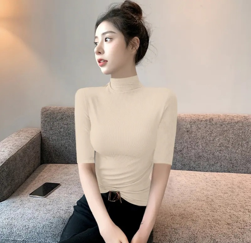 黑色螺纹方领中袖打底衫女内搭修身T恤显瘦气质五分袖洋气上衣服|undefined