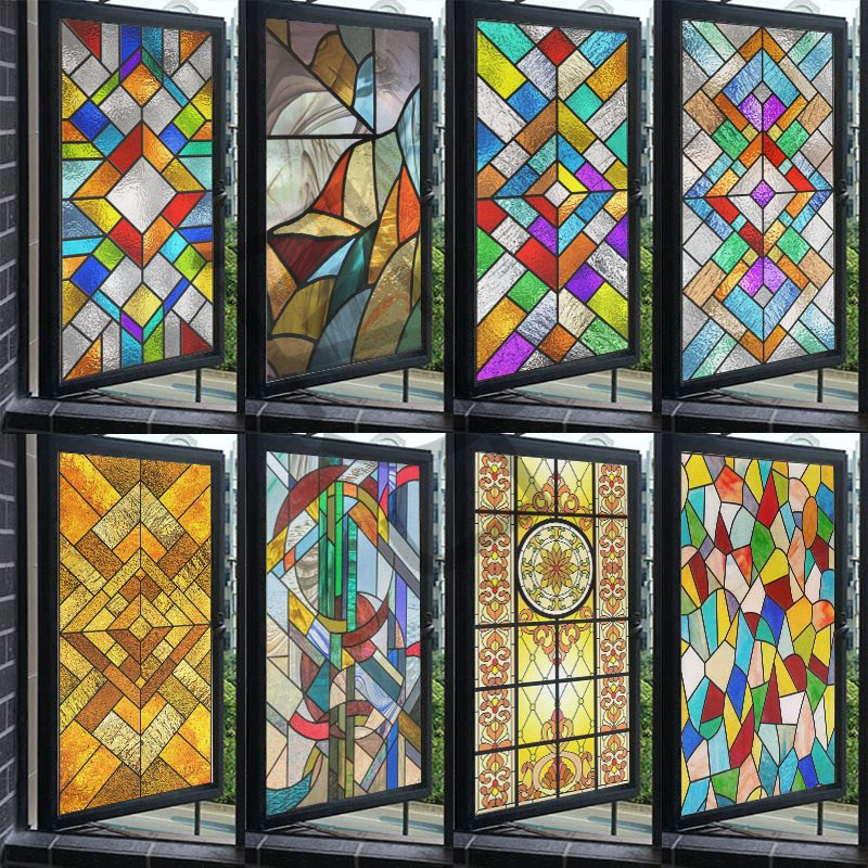 欧式教堂窗户玻璃贴纸厨房阳台门彩色复古艺术无胶磨砂贴膜防走光