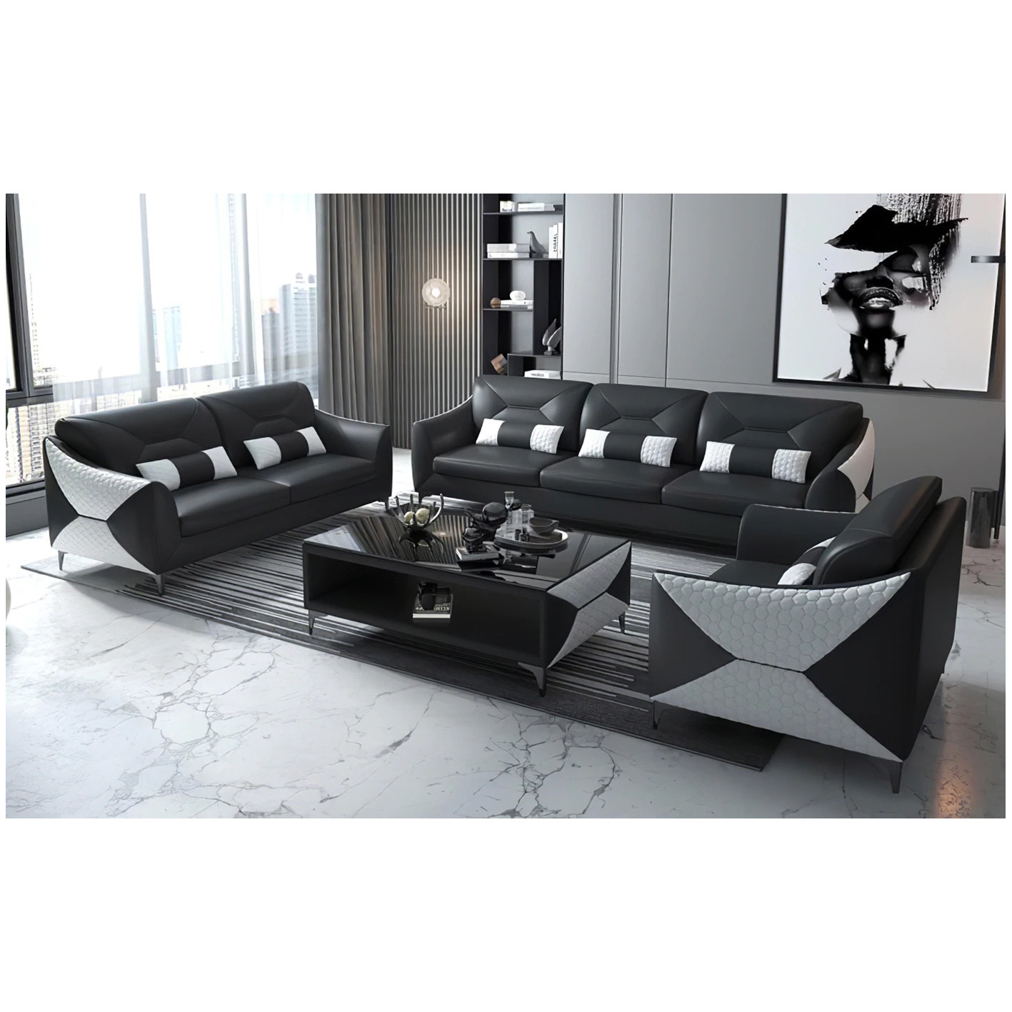 American sofa first layer cowhide Italian style light luxury post-modern large and small apartment living room contrast color combination leather sofa