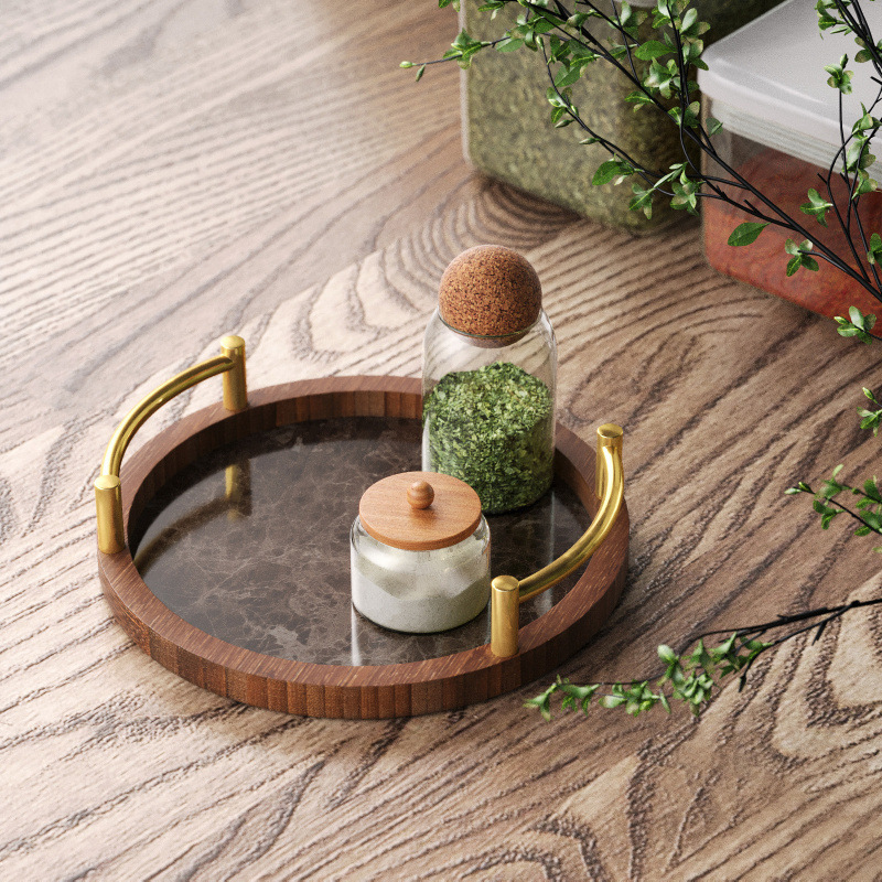 简约圆形带提手茶具大理石托盘家用竹制茶盤餐厅厨房糕点水果竹盘|undefined