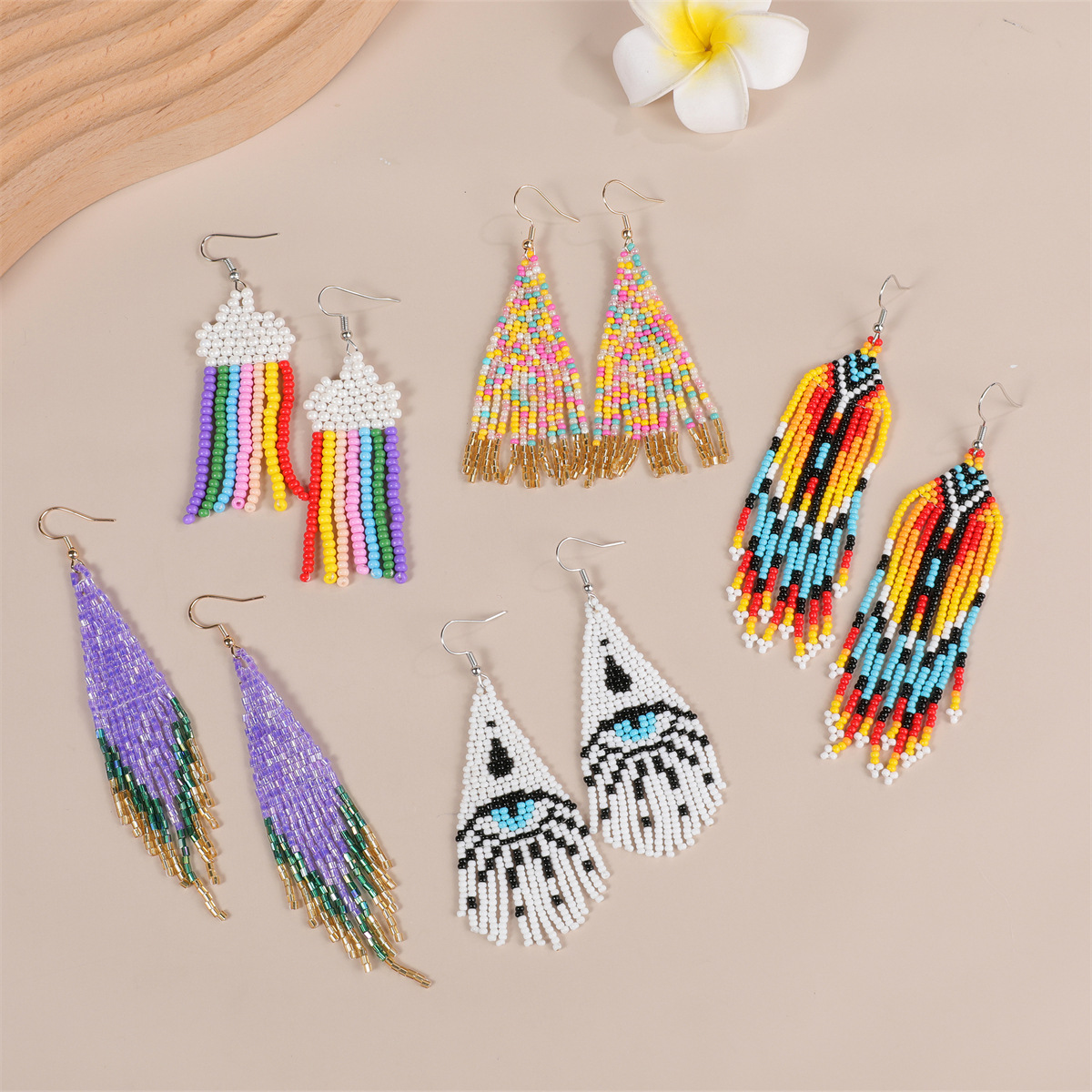 1 Pair Bohemian Devil's Eye Color Block Tassel Beaded Drop Earrings display picture 2